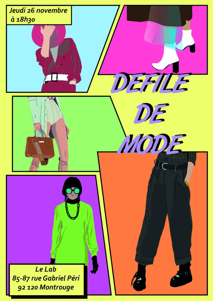 Affiche pour un défilé de mode. Illustré dans un style BD avec des illustration de tenues mode