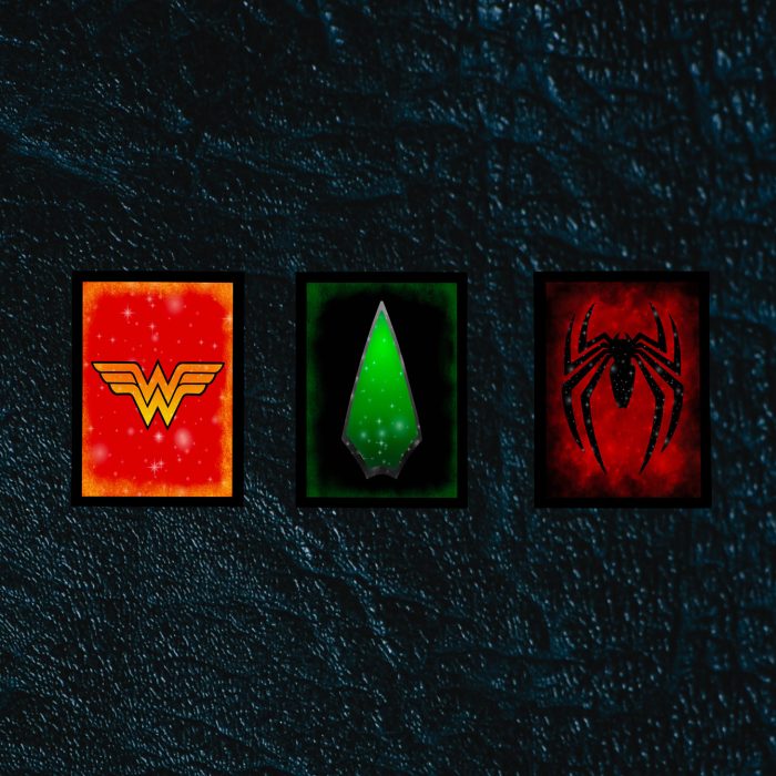 Affiches des symboles des super héros : Wonder Woman, Arrow, Spiderman